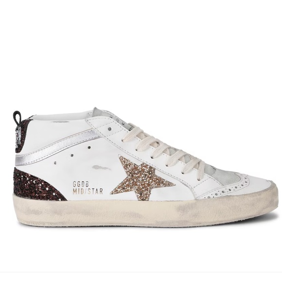 Golden Goose Shoes - Golden Goose Mid Star White Sneakers with Gold Star and Dark Brown Glitter Heel